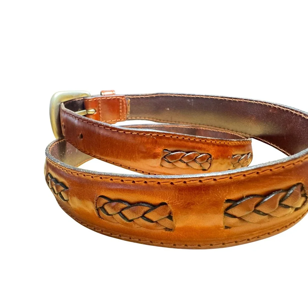 Mens Cognac Brown Full Grain Leather Braided Inlay Belt Florsheim Turkey 36 VTG